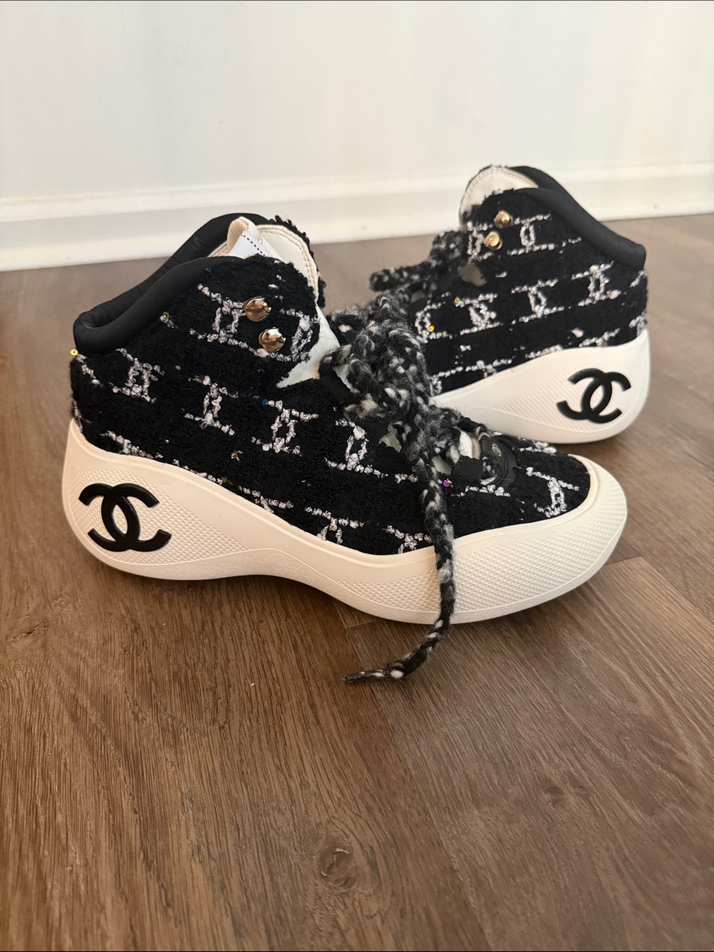 CHANEL Black and White Tweed Kids High-Top Sneakers